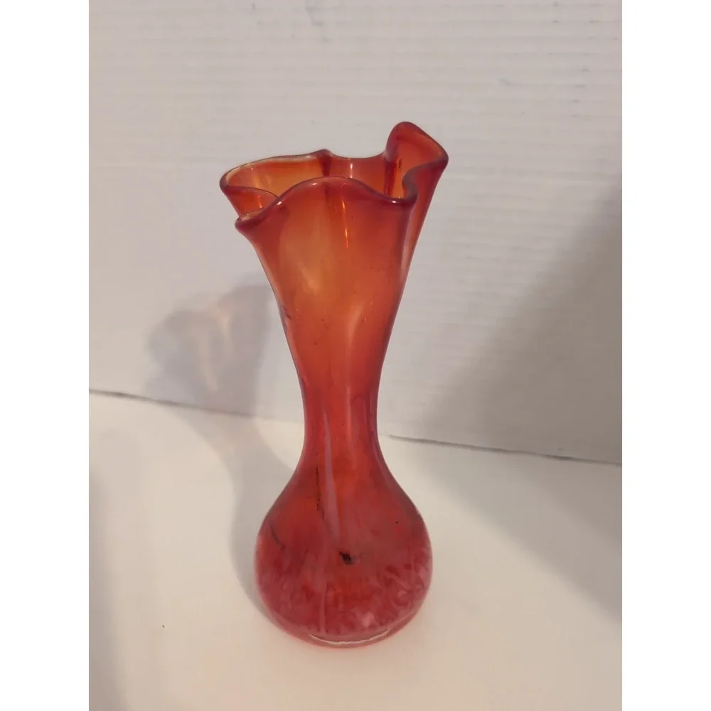 Vintage Hand Blown Art Glass Vace Orange Red‎ Ruffled Top Mid-Cenrury Modern